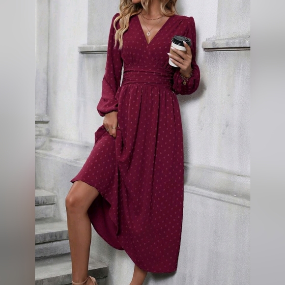 NEW Flowy Swiss Dot Ruched Waist Lantern Sleeve Dress Burgundy Red - Picture 5 of 8